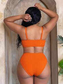 Slaydiva Bộ bikini định hình vóc dáng cỡ lớn 2026 | Vải gân màu cam tươi sáng và tràn đầy năng lượng | Áo ngực cổ chữ V nâng đỡ | Dây đeo rộng thoải mái | Quần tam giác cạp cao giúp định hình vòng bụng và tôn dáng | Độ co giãn cao và không xuyên thấu | Bộ đồ bơi chụp ảnh đi biển/hồ bơi - trái cam - Xem 2