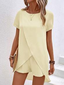 EMERY ROSE Women's Summer Casual Vacation Commute Solid Color Short Sleeve Wrap Cross Top And Shorts 2-Piece Set Vacation Pale Yellow - Apricot - View 4