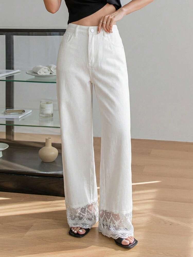 Women's Casual Versatile Solid Color Lace Patchwork Denim Jeans