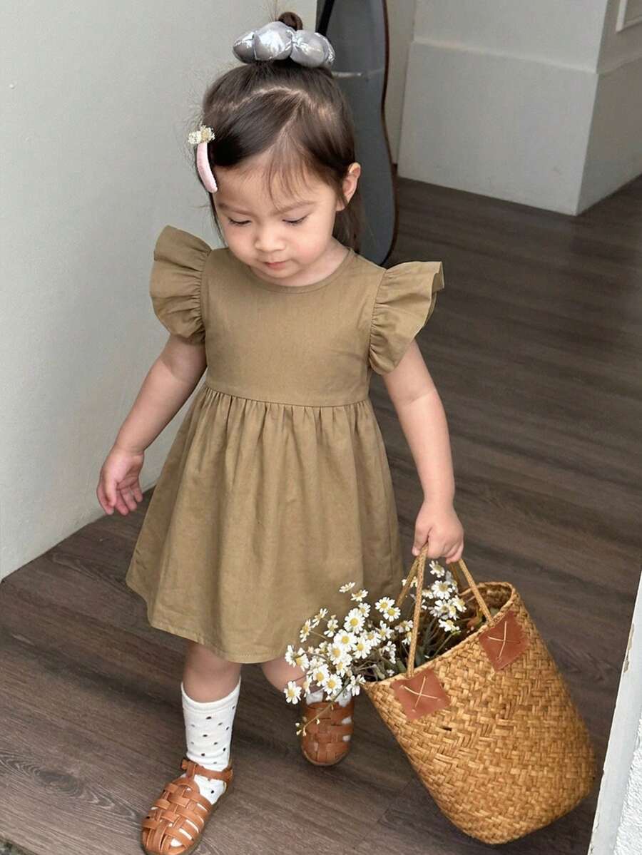 Dazy Kids 女嬰休閒無袖可愛中長洋裝,夏季幼童款 - 卡其色 - 查看 1