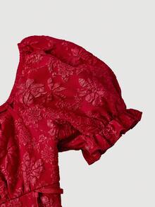 Vestido de longitud media con mangas de pétalo, cintura con lazo y unicolor para mujer - Rojo - Ver 7