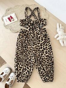 SHEIN Bộ áo liền quần hở lưng kiểu dây chéo cho bé gái, có nơ và họa tiết da báo, phong cách đường phố thường ngày thời trang. - Nhiều màu - Xem 2