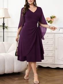 Reflora Vestido de mujer talla grande de unicolor y cuello en V elegante - Morado - Ver 3