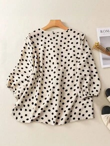 SHEIN CURVE+ Plus Size Women's Ruffle Collar Polka Dot Puff Sleeve Shirt, Casual & Comfortable - Beige - View 4