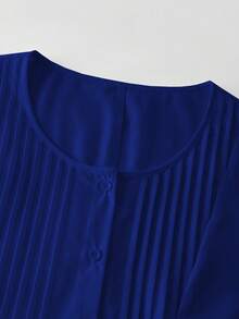 Linhara Plus Size Women Round Neck Button-Up Shirt, Spring/Summer - Royal Blue - View 7