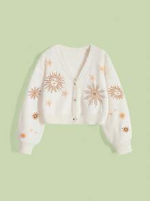 ROMWE Hippie Áo len cardigan thêu hình mặt trời và mặt trăng phong cách phù thủy bí ẩn cỡ lớn dành cho nữ - Màu be - Xem 5