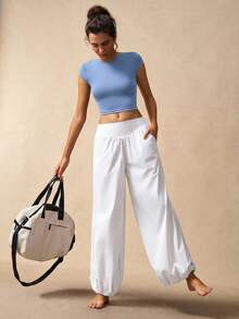 VARSIVA Women's Solid Color Backless Cropped Sports T-Shirt - Baby Blue - View 6