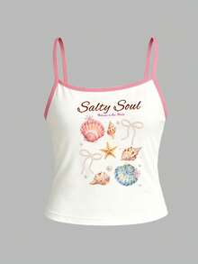少女白色可爱修身休闲上衣，夏季度假海洋风甜美海星贝壳珍珠蝴蝶结印花吊带背心 - 白色 - 查看 2