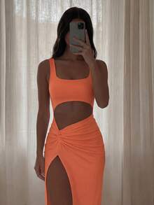 Bonvoyette Cut Out Twist Front Split Thigh Dress - Coral Pink - View 6