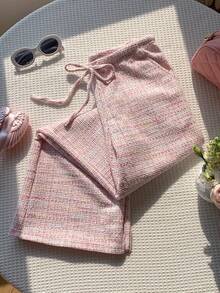 SHEIN Comfortcana Quần dệt kim kẻ sọc mùa hè dành cho nữ - Hồng - Xem 3
