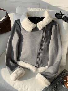 SHEIN EZwear 秋冬季女士泰迪绒内衬开襟麂皮夹克 - 深灰色 - 查看 3