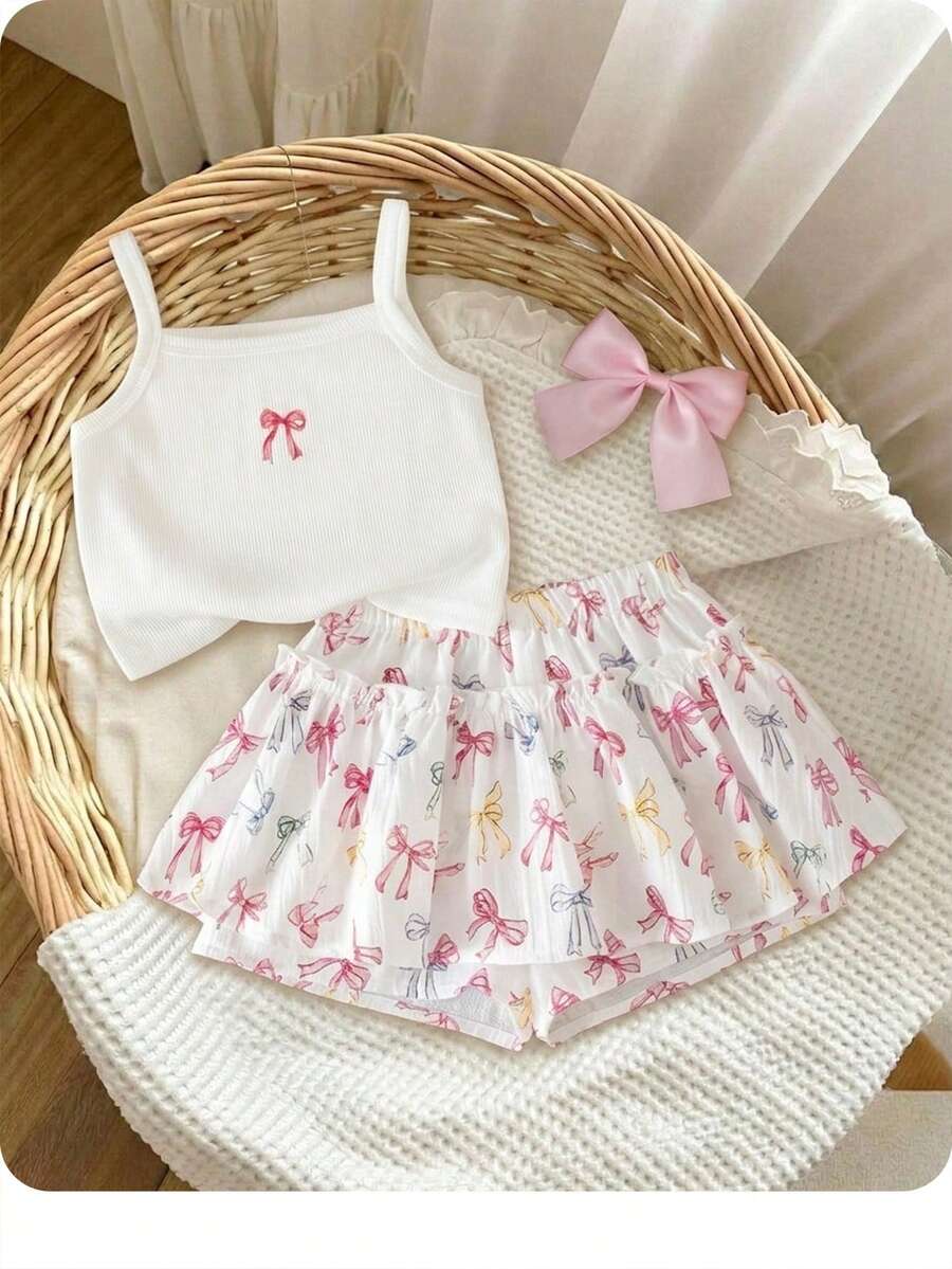 SHEIN 女婴可爱夏季休闲蝴蝶结装饰吊带背心和松紧腰短裤套装 - 白色 - 查看 1