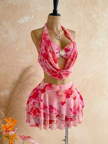 Soleia Women's Pink Tropical Floral Sunset Ombre Plunging Neckline Metal Buckle Blouse Multi-Layer Ruffle Mini Skirt 2-Piece Set,Summer Boho Beach Vacation - Multicolor - View 3
