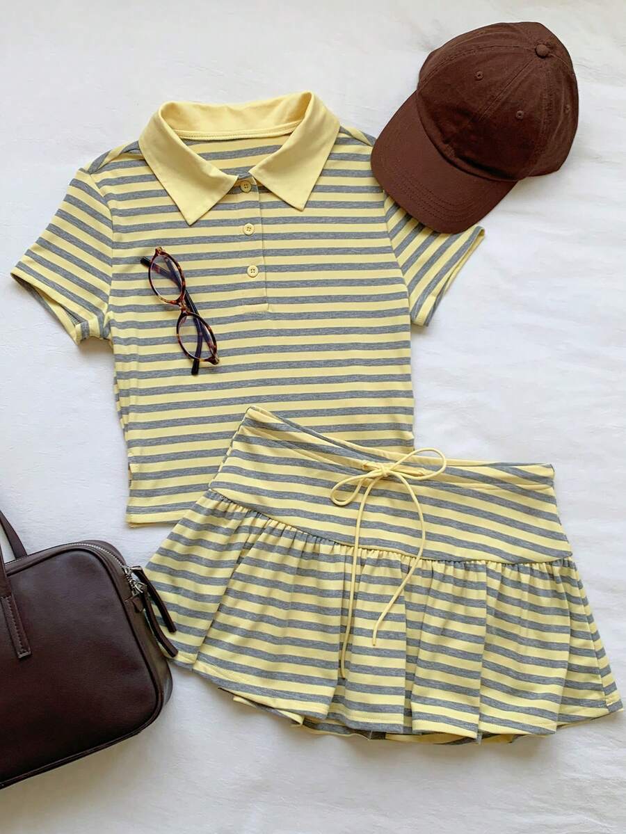 Comfortcana Bộ đồ nữ thời trang đa năng gồm áo polo kẻ sọc cài cúc và chân váy ngắn thắt eo, set 2 món Zoey Outfit Ytk Clothes Zoo Outfit Summer Casual Sets Summer Outfits Festival Outfit Women's Day Beach Graduation Elegant Casual Vacation Outfits For Women Sports Women's Sports Shorts Y2k Tops Yellow Ans Gery Stripe Country Sets For Women - Nhiều màu - Xem 1