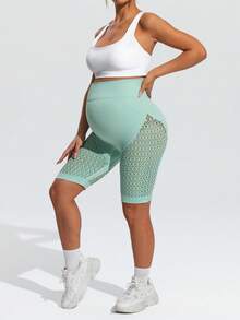 SHEIN Maternity Solid Color High Waist Mesh Shorts - Green - View 6