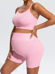SHEIN Maternity Casual Solid Color Tight Camisole And Shorts Set, Summer - Pink - View 8