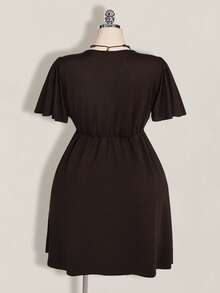 SHEIN ICON Plus Size Women's Lace Patchwork Ruffle Sleeve Front Tie Dress - Brown - View 2