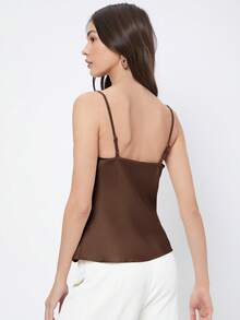 SHEIN BIZwear 2025秋季新款女士纯色垂褶领缎面吊带背心，浪漫优雅百搭商务休闲通勤上衣，OL装，教师制服，基础款上衣 - 巧克力棕 - 查看 2