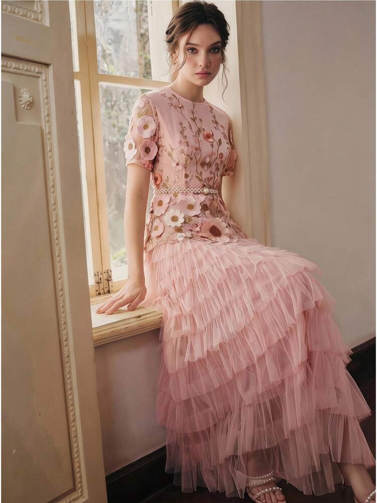 Spring/Summer New Elegant Embroidered Round Neck Short Sleeve Waist Cinched A-Line Mesh Puff Dress, Suitable For Valentine's Day, Party, Vacation