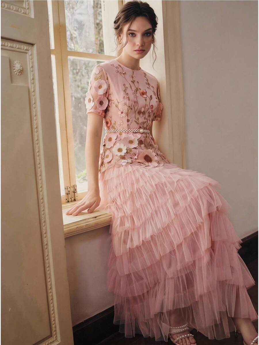 Spring/Summer New Elegant Embroidered Round Neck Short Sleeve Waist Cinched A-Line Mesh Puff Dress, Suitable For Valentine's Day, Party, Vacation