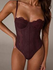 SHEIN BAE Women's Burgundy Lace Mesh Bodysuit, Elegant Sexy Corset Top For Summer Night Out Club, Valentine's Day Date Night Wedding Party Holiday Outfits - Brown - View 4