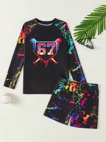 SHEIN Conjunto de tankini de 2 piezas informal y ajustado con estampado fosforescente de videojuegos para niño preadolescente, adecuado para primavera/verano, vacaciones en la playa - Multicolor - Ver 6