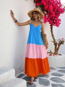 Vivid Eden Woven Contrast Color Spaghetti Strap Dress, Blue And Pink, Summer, Boho Tropical, Holiday, Vacation, Beach Outfits For Woman, Elegant Tropical - Multicolor - View 7