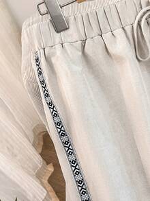 Lacomfia Plus Size Women Drawstring Waist Casual Versatile Wide Leg Pants For Daily Wear Summer Holiday Vacation Outfits - Beige - View 4