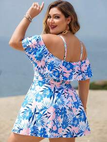 SHEIN Swim Lushore Plus Size Women 2pcs/Set Casual Fashion Holiday Random Print Spaghetti Strap Ruffle Off-Shoulder Waist Tie A-Line Split Swimsuit - Blue - View 2