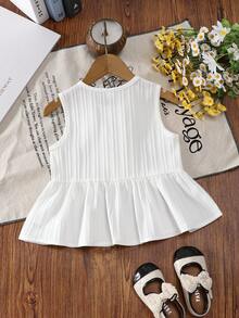 Genkimix Kids Young Girl White Sleeveless Top,Fresh Cute Summer Beach Holiday Outings,Lightweight Striped Fabric,3D Bow Decoration,Wide Ruffled Hem Casual Wear - White - View 3