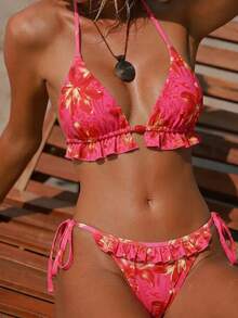 Swim Vcay Swim Suits For Women Women's Summer Beach Solid Color Ruffle Trim Halter Neck Tie Two Pieces Bikini Set - Multicolor - View 2