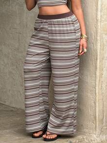 Rustia Plus Size Brown Ribbed Elastic Waist Casual Sweatpants Gym Autumn - Coffee Brown - View 5