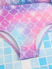 SHEIN Playful Pals 小女孩卡通印花荷叶边渐变连体泳衣 - 彩色 - 查看 4