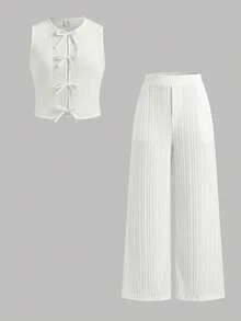 Firerie Kids Bộ đồ 2 món cho bé gái tuổi teen, màu vàng nhăn, chất liệu vải sần, gồm áo vest và quần, kiểu dáng thường ngày dễ thương, thời trang, đa năng, thích hợp cho đi chơi, chụp ảnh cùng chị em, công viên, cắm trại, mặc hàng ngày, dự tiệc, nghỉ lễ. - trắng - Xem 12
