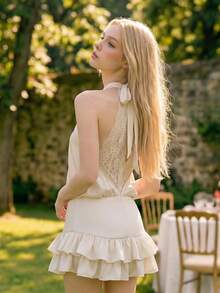 SHEIN Sweetina Deep V-Neck Lace Patchwork Halter Mini Dress For Women - Beige - View 2