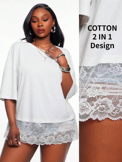 Radiana Plus Size Women's Casual Sexy Street Elegant Lace Patchwork Basic Loose Half Sleeve Round Neck T-Shirt, Spring/Summer