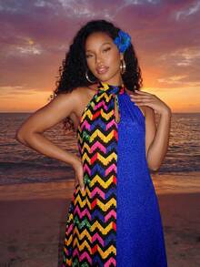 VaVaBold Women's Color Block Halter Neck Casual Vacation Dress, Suitable For Summer - Multicolor - View 8