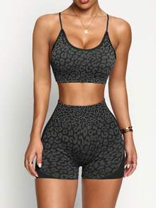 Slayform Multicolor Strappy Back Crop Top And Shorts Activewear Set Open Back Romper Leopard Print Biker Shorts Romper Shorts Set Workout Romper Fitness Romper Leopard Sports Bra Women Workout Shorts Set Sports Bra And Shorts Set Women Two Piece Sets Biker Shorts Leopard Workout Set - Multicolor - View 5