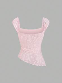 Sweetra French Elegant Sweet Pink Floral Lace Fabric Tie-Up Sleeveless Top,Gentle Style Versatile For Vacation Casual Work Tea Party Wear Summer - Pink - View 3