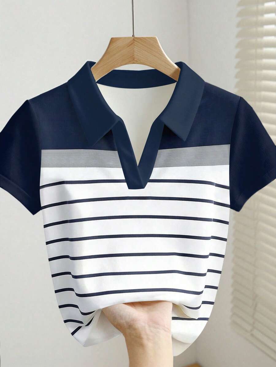Resyla Women's Striped Half-Button Short Sleeve Casual Summer Daily Top - White - View 1
