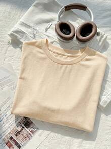 Comfortcana Casual Cropped Round Neck Short Sleeve T-Shirt, Suitable For Summer - Apricot - View 6
