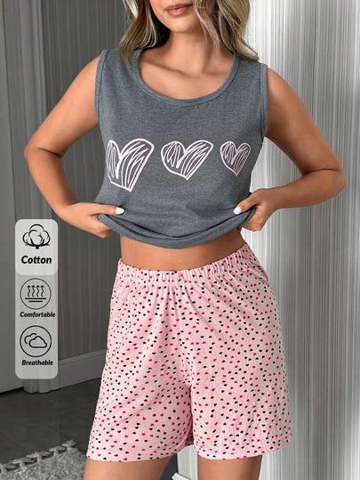 SHEIN 100% Cotton Women 2 Pcs Sleeveless Heart Patterned Sleep Top + Elastic Waist Relaxed Comfort Sleep Shorts Bottom Casual Pajama Set