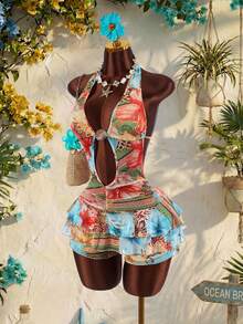 Amplova Jumpsuit Romper Halter Seksi Bercorak Bunga untuk Wanita, Cocok untuk Liburan - Jeruk - View 2