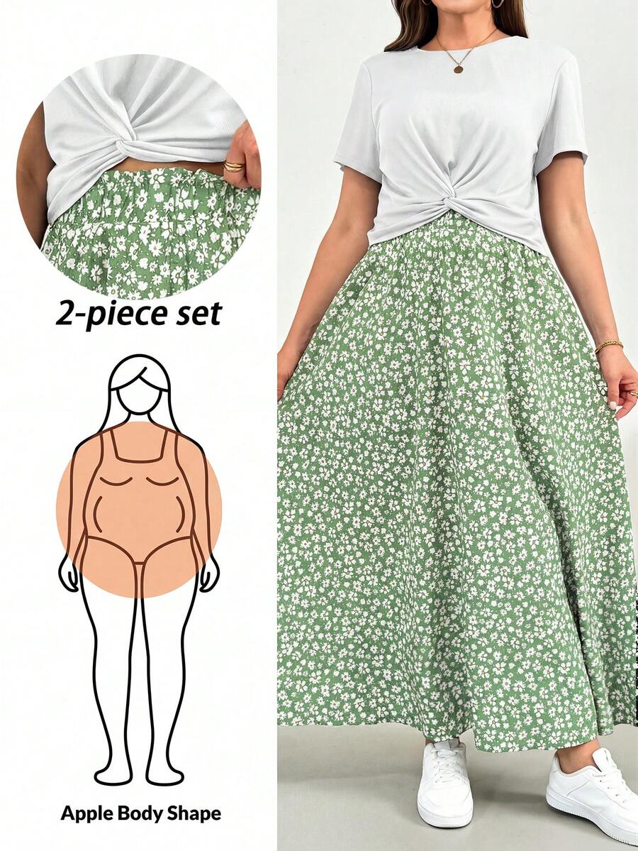 Shapeblank Bộ đồ hai mảnh mùa hè cỡ lớn dành cho nữ, bộ tay ngắn, bộ hai mảnh in họa tiết với chân váy lửng, bộ đồ thường ngày thoải mái cho nữ cỡ lớn, quần áo in họa tiết dành cho nữ, trang phục mùa hè cho nữ, bộ đồ mặc nhà cho nữ, bộ đồ hai mảnh đi nghỉ mát, bộ đồ hè 2 mảnh, bộ đồ mùa hè cho nữ - màu xanh lá - Xem 1