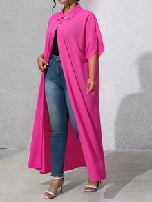 EMERY ROSE Fashionable Casual Solid Color Long Blouse For Plus Size Women - Hot Pink - View 5