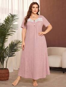 Lacomfia 大码纯色短袖蕾丝边长款针织休闲优雅连衣裙 - 淺粉色 - 查看 6