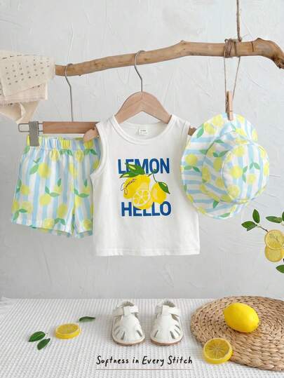 Cozy Pixies 3件套男女宝宝休闲度假可爱热带柠檬印花无袖针织上衣、短裤和遮阳帽套装，春夏宝宝服装套装