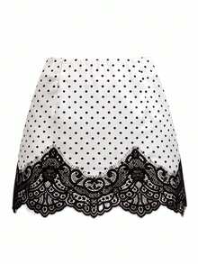 Ellevyn Women's Polka Dot Lace Hem Mini Skirt - Black and White - View 3