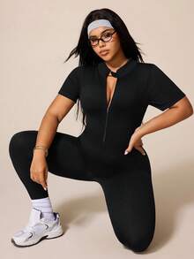 Rhythm Era 1件加大码黑色半拉链短袖健身连体衣，女士修身高腰提臀瑜伽连体裤，柔软舒适，适合锻炼、跑步、休闲、瑜伽 - 黑色 - 查看 7