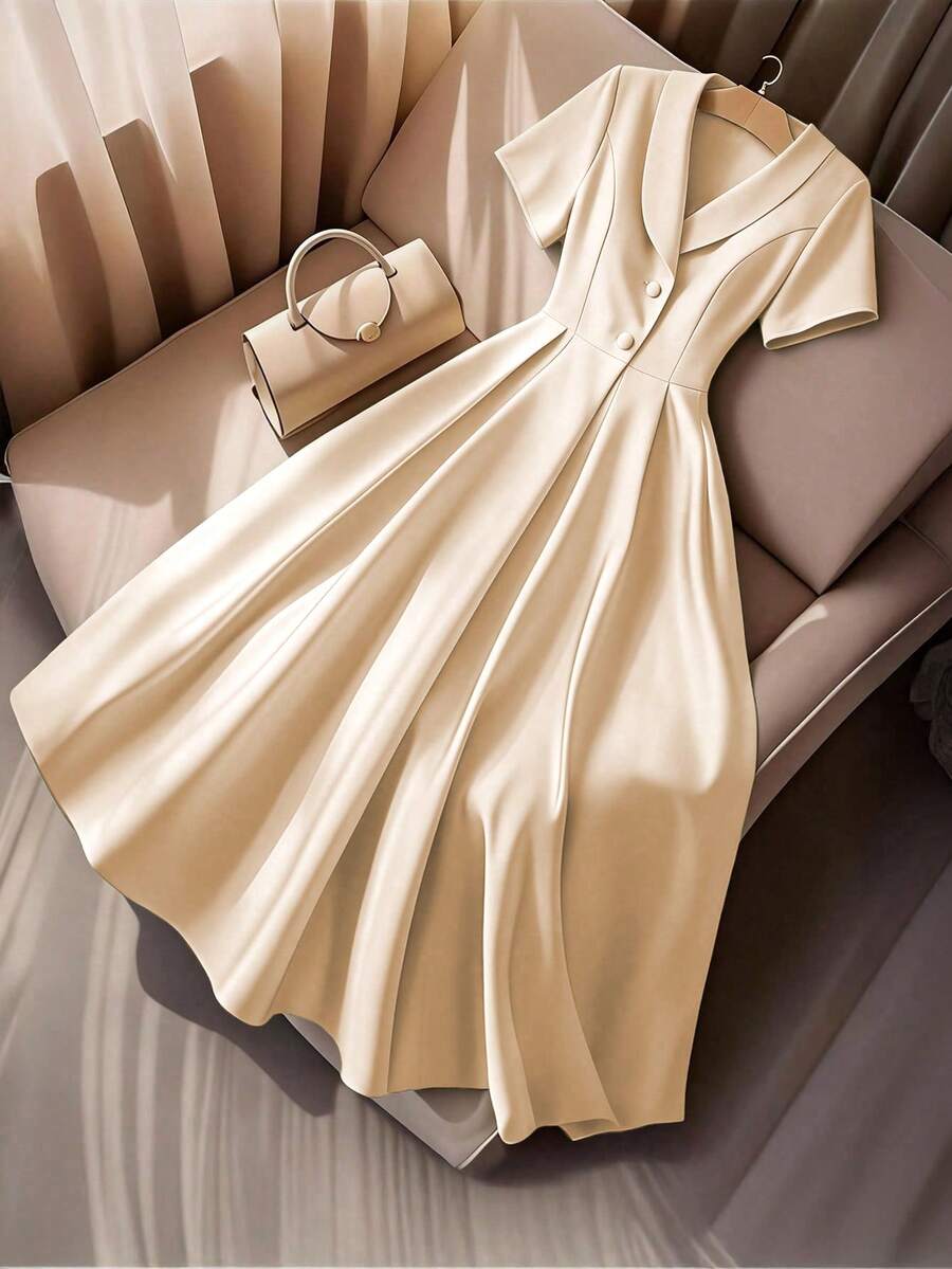 SHEIN Clasi 大码女式优雅纽扣装饰腰部A字短袖连衣裙,适合通勤、办公、毕业典礼、节日、情人节、音乐节、母亲节、万圣节等场合。 - 杏色 - 查看 1